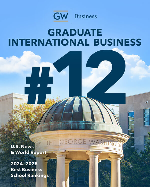 graphic shows GW Business ranked #12 for Graduate International Business by U.S. News & World Report in the 2024-2025 Best Business School Rankings