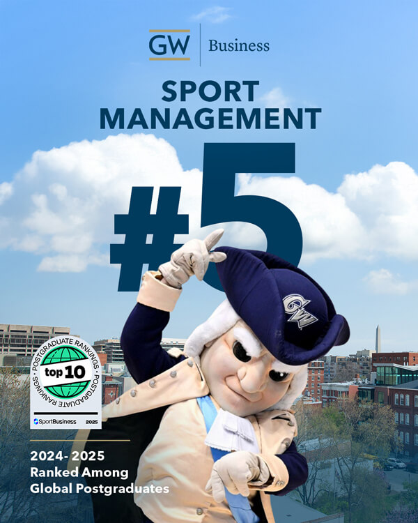 ranking graphic shows GW School of Business ranked #5 for Sport Management among global postgraduates by SportBusiness
