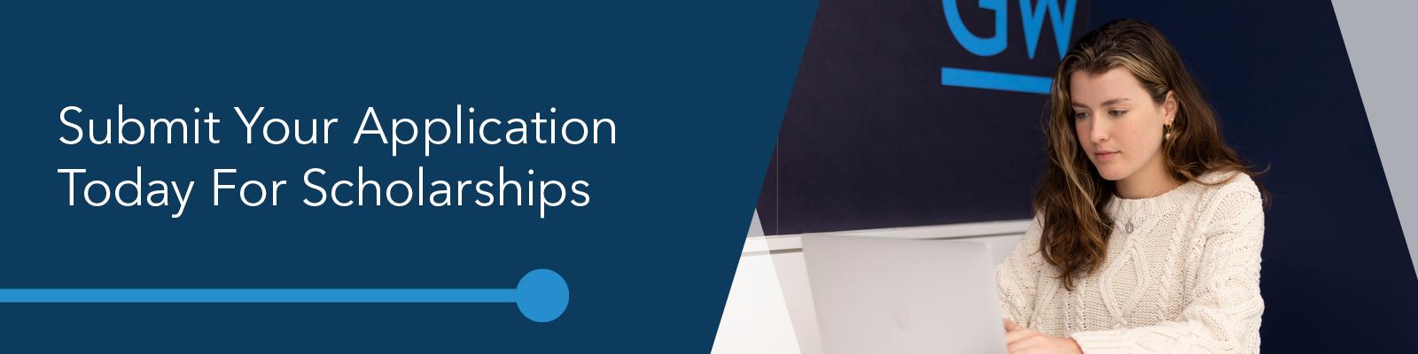 Submit Your Application Today For Scholarships; studying studying with laptop in front of wall with GW monogram